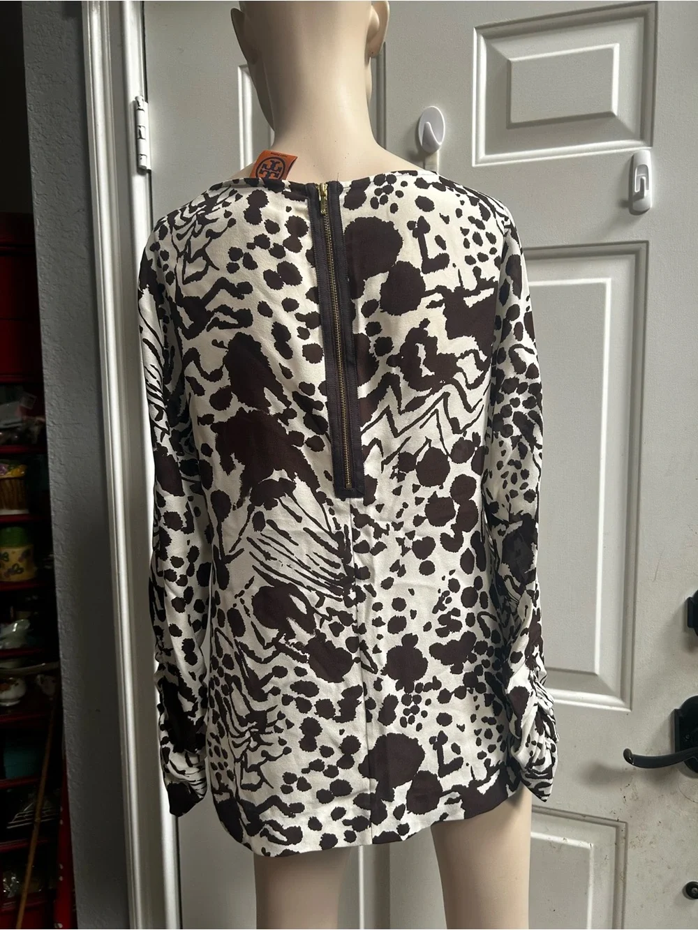 Tory Burch Silk Cream and Dark Brown Abstract Long-Sleeve Tunic Blouse Sz M